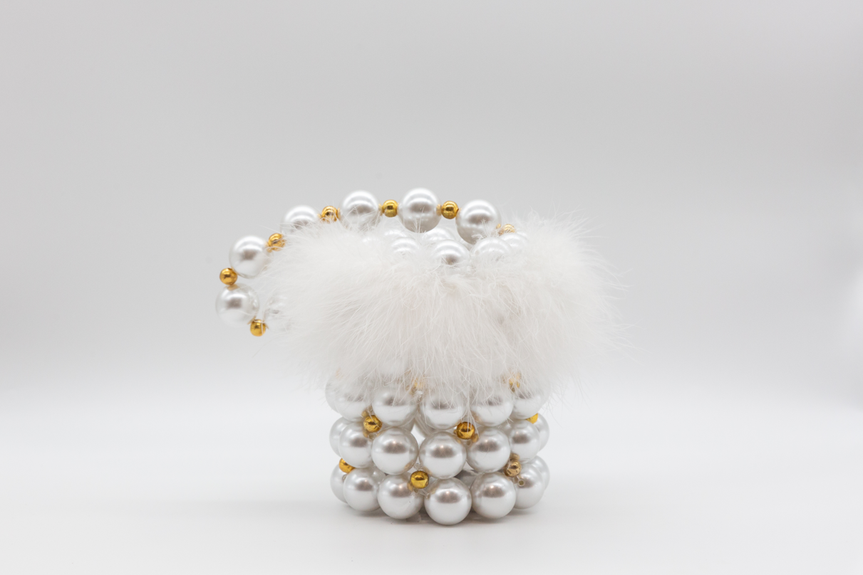 GC Bucket Bag with Feather - White