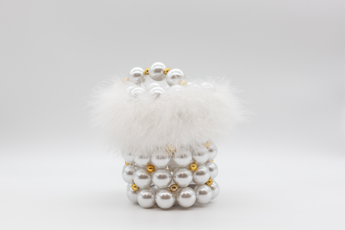 GC Bucket Bag with Feather - White