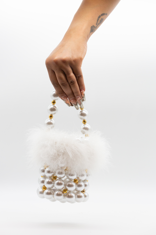 GC Bucket Bag with Feather - White